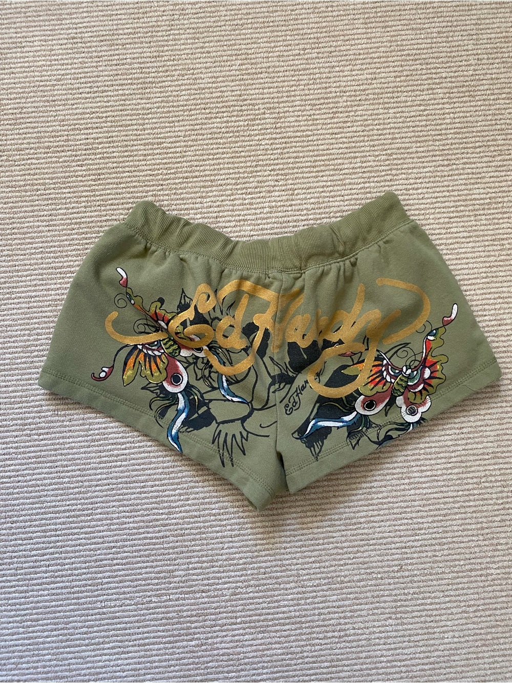 Y2K Ed Hardy Sweat Shorts Army Green Tattoo Graphic Butterfly Size Medium
